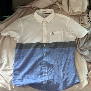 Men's White and Blue Short Sleeve Shirt